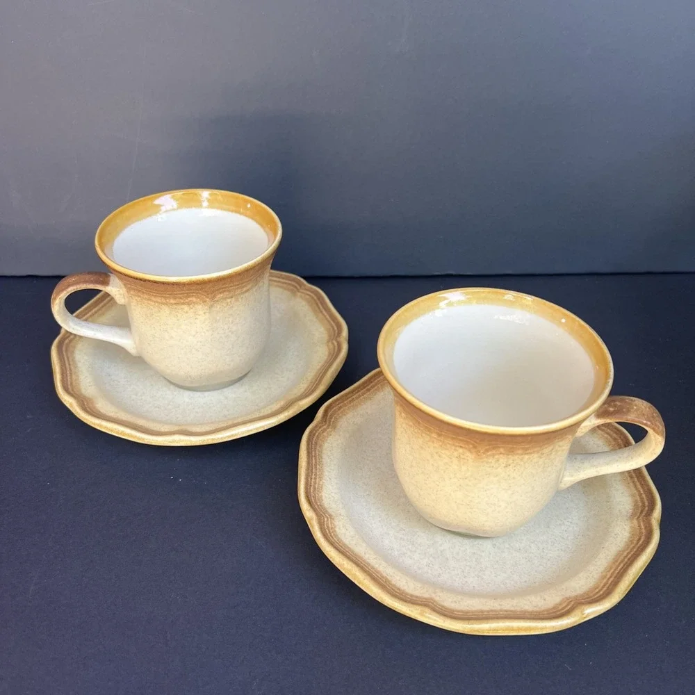 VTG Mikasa Whole Wheat E8000 Cups & Saucers Set of 2 Japan Stoneware EUC